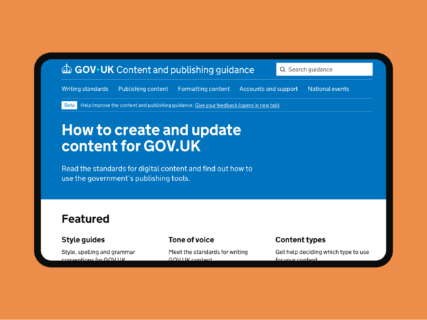 he GOV.UK Content and publishing guidance homepage.