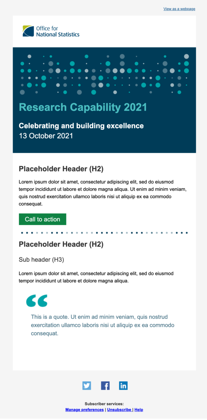 Our email template for communicating about events, with our logo as a header, followed by a graphic of our "dot concept" in a solid blue block including title and date before the email body text.