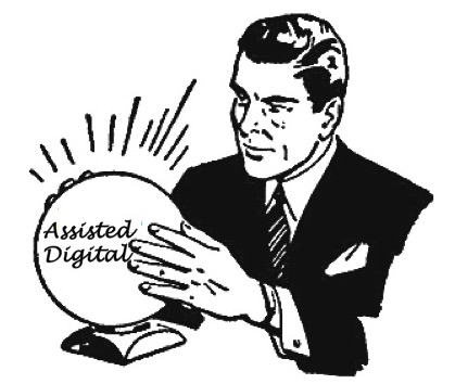 A man holding a crystal ball, the words "Assisted Digital" in the ball