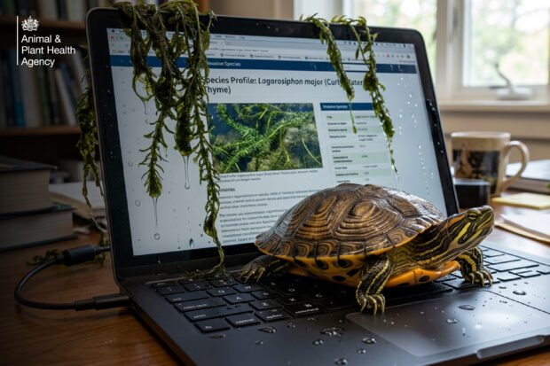 Image of a yellow-bellied slider sitting on the keyboard of an open laptop with a wet pond plant draped over the screen. The screen shows the species profile of Lagarosiphon major. The APHA logo is also shown.