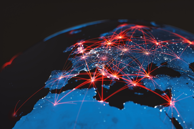 A map of Europe shows red glowing lines connecting major cities