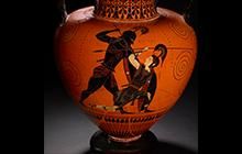 Greek wine jar depicting Achilles defeating Penthesilea, the Amazon Queen.
