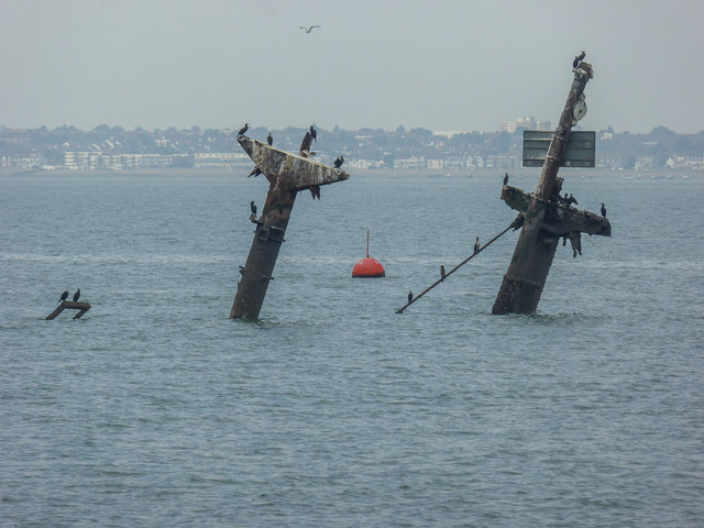 Wreck of the SS Richard Montgomery, off Sheerness, showing her upperworks and looking towards the resort of Southend-on-Sea across the Thames.