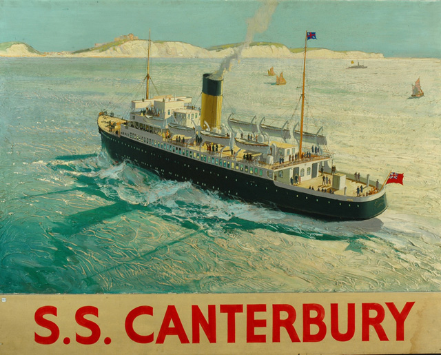 An artistic depiction of the steamship SS Canterbury with the Red Ensign flying astern, steam billowing from her funnels, and heading towards the White Cliffs of Dover