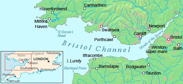 Map of the Bristol Channel, featuring its coastal towns such as Cardiff, Swansea, and Newport, with an inset map showing the location of Bristol and London.