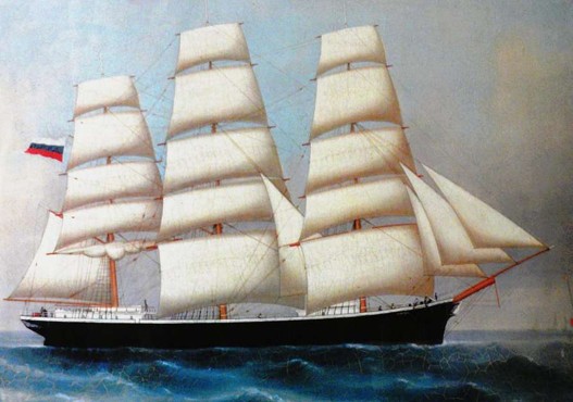 Oil painting of the ship under full sail, bows to the right of the image, on a stylised blue sa and under grey-blue skies