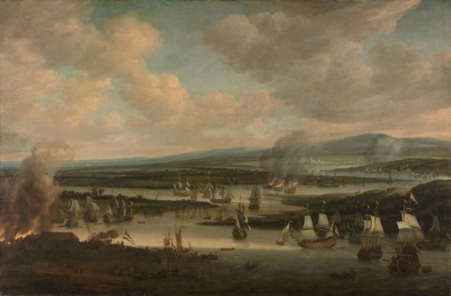 17th century oil painting in muted colours, showing a winding river with ships in combat, to lower left the grey smoke of a town burning, the sky filled with grey clouds and grey smoke.