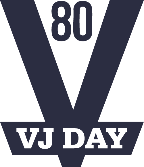 Graphic commemorating the 80th anniversary of VJ Day, featuring a bold 'V' with '80' above and 'VJ DAY' below.