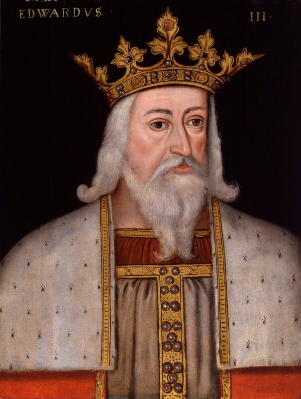 Historic oil painting of King Edward III, featuring the bust of a crowned figure with a white beard, wearing a white ermine furred robe trimmed with gold and jewels. The facial features, hair and beard are very similar to those on the tomb effigy in the previous picture. .