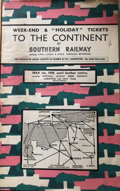 Vintage Southern Railway booklet cover featuring a map and promotional text for weekend and holiday travel to the continent, dated May 1st, 1939.