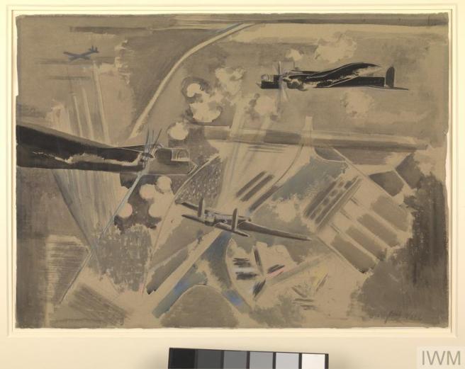 Contemporary artwork showing 4 bombers in action over Germany.