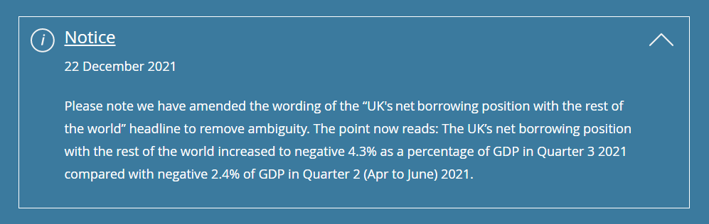 Digital correction notice used on the ONS website