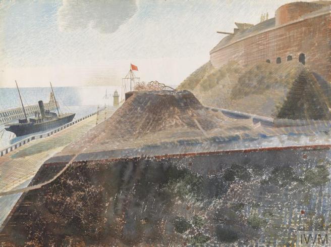 Watercolour painting of harbour with ship to left; to right, black concrete harbour structures, and to top right, the fort looms over the harbour and sea.