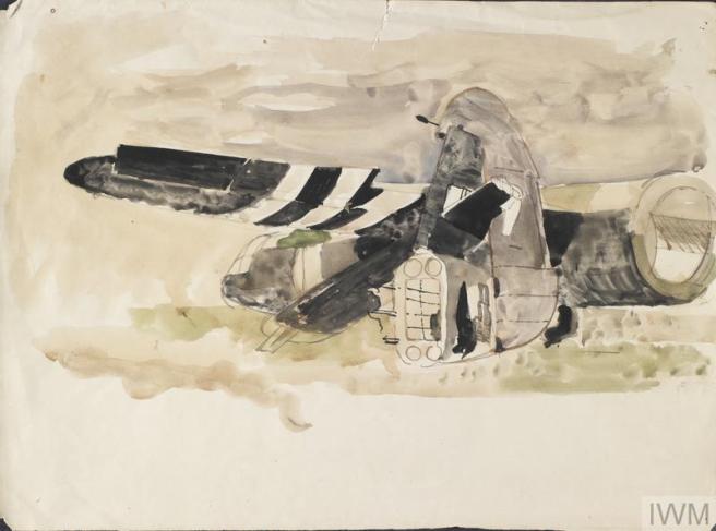 Contemporary watercolour sketch of grey aircraft, cockpit facing to the left of image, the fuselage broken at right, with its tail propped up against the wing. The wing has black and white invasion stripes.