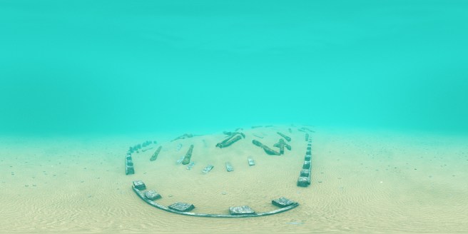CGI image of 'ship-shape' outline on a sandy seabed with scattered guns inside, and turquoise sea overhead