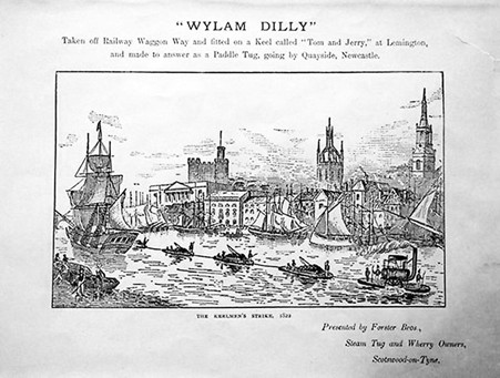 "Wylam Dilly" B&W illustration depicting the locomotive converted to a paddle tug on the River Tyne, surrounded by ships and the Newcastle skyline.