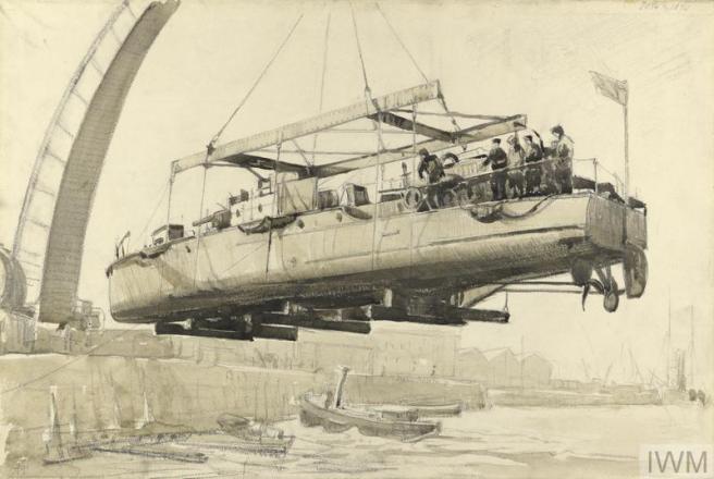 Charcoal drawing showing a boat in the centre in the air above small craft on the water, to left a curved dockyard crane is visible.