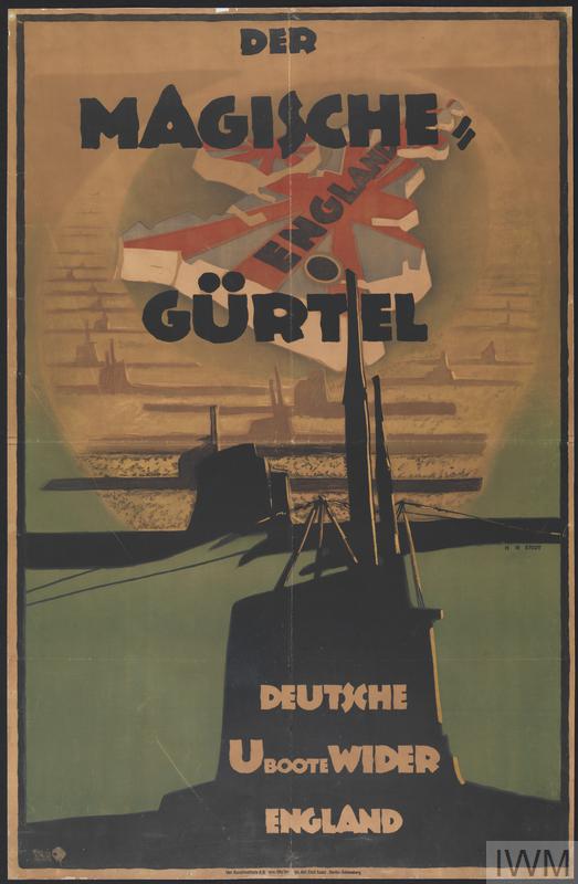 Sepia-toned poster with German text "Der Magische Gurtel" at the top in black overlying a map of Britain, with surrounding U-boat silhouettes forming the sea. Two larger U-boats in black occupy the lower third of the image, with white superimposed text, "Deutsche U-boote Wider England"