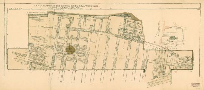 Pen and ink site plan and key plan on paper of layout of shipwreck site as excavated.