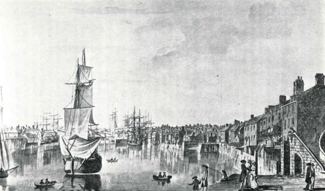 Scan of historic black & white print of a busy harbour scene, with tall sailing ships coming and going, and moored, all along the left of image, small rowing boats criss-crossing the harbour, and to right quayside houses and people promenading along the quay