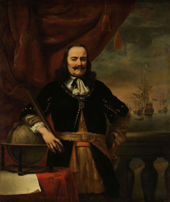 17th century portrait of sea captain in contemporary military dress, with his ship in the background beside his left elbow (on the right as the viewer sees it).
