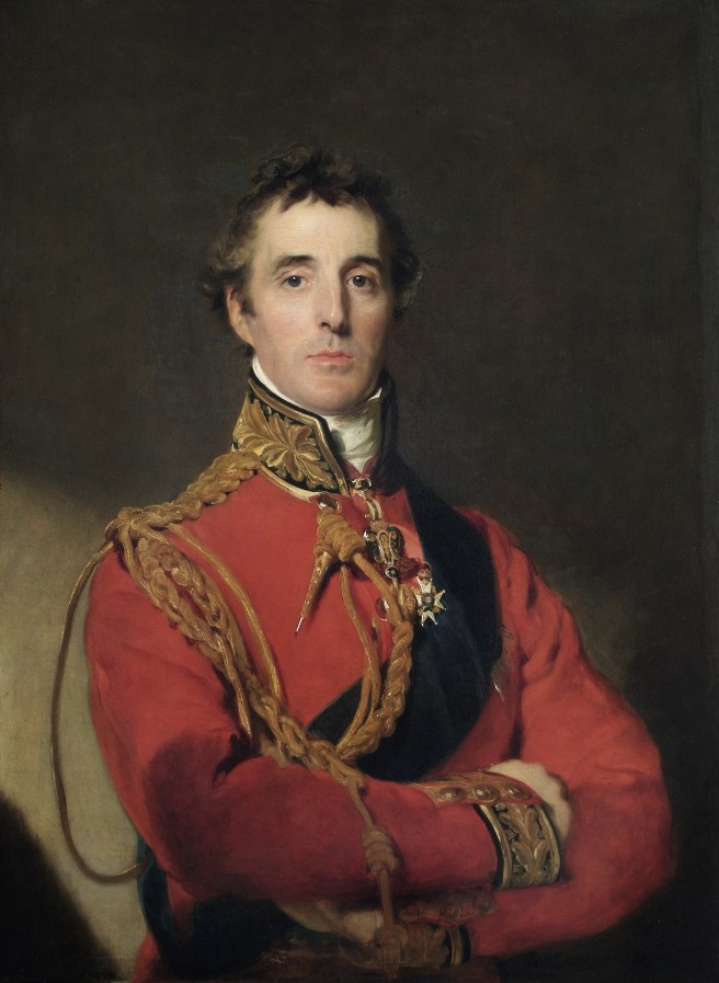 Oil painting of Wellington in his red uniform against a plain, dark background.