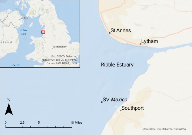 Map of the Ribble Estuary, showing the location of the wreck west of Southport, with St. Annes and Lytham to the north; inset map at top left showing the location on the north English coast.