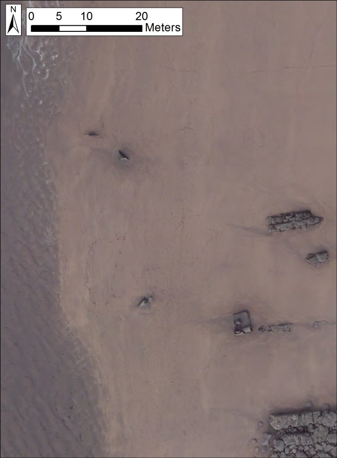 Aerial view of a brown seashore with items of wreckage showing as darker areas standing proud of the sand, particularly towards the lower right of the image.