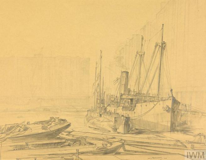 Pencil drawing of docklands, with barges in foreground and to right a submarine and ship are berthed alongside one another.