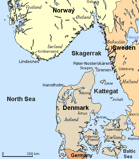 Map of Denmark, Sweden and Norway, centred around the shared sea of the Skagerrak. The blockade ensured that Germany controlled access to the North Sea, to the west of Denmark and Norway, and the Baltic Sea, to the east of Denmark and south of Sweden.