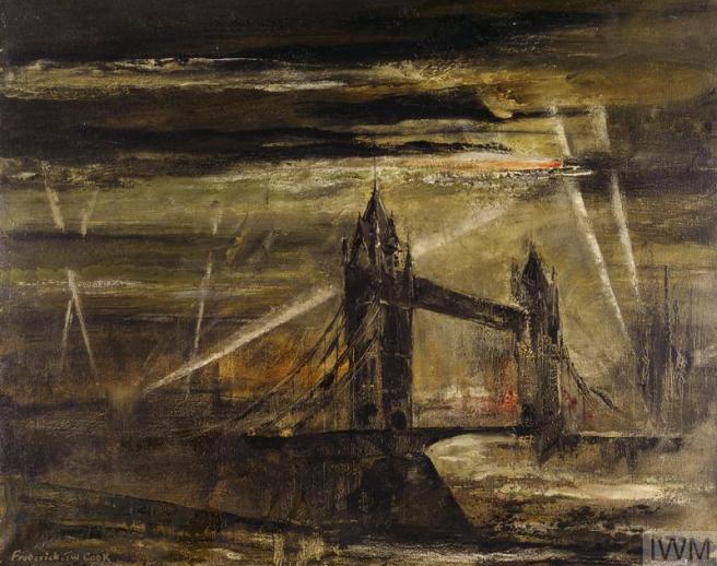 Contemporary oil painting depicting Tower Bridge at night with white streaks representing searchlights all heading towards the rocket flying over Tower Bridge. In the background red flames can be seen in various locations representing buildings on file.