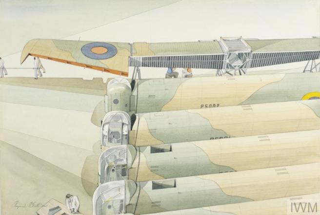 Historic watercolour showing four aircraft lined up, with the wing frame of a fifth being built in the background.