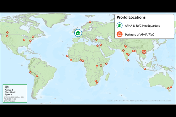 World locations: Map of the world with many orange circles places across the map denoting partners of APHA/RVC. APHA and RVC headquarters are marked on the UK.