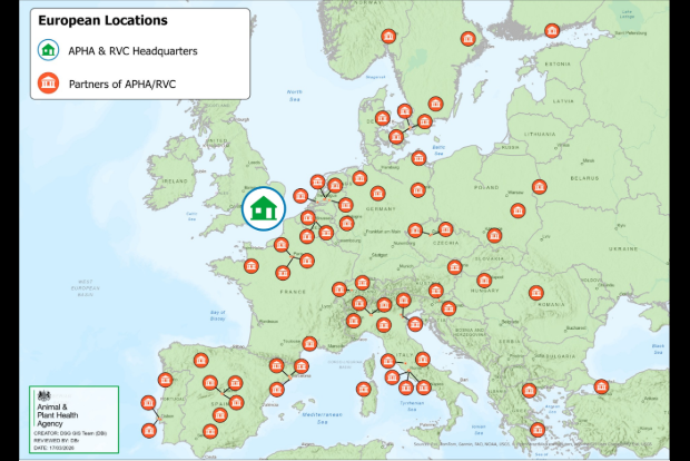 European locations: Map of Europe with many orange circles places across the map denoting partners of APHA/RVC. APHA and RVC headquarters are marked on the UK.