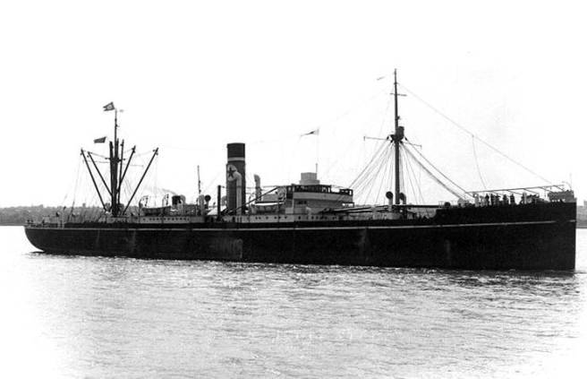Black and white photograph of steamship in side view, depicting a star logo on the funnel amidships.