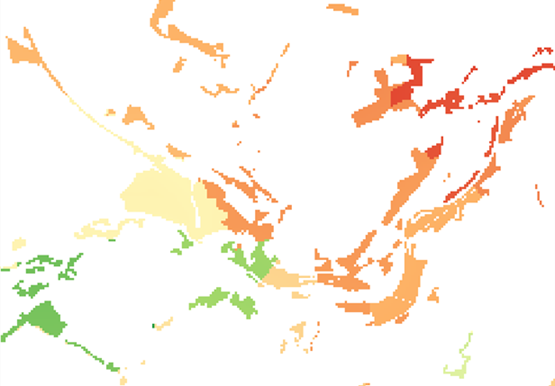 A white background showing ares of red, yellow, orange and green