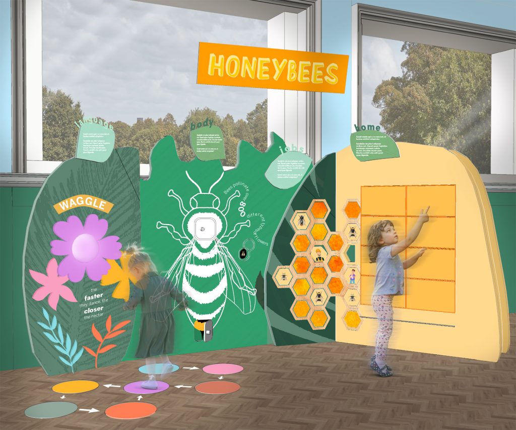 A graphic of children playing a bee waggle dance game next to the bee hive