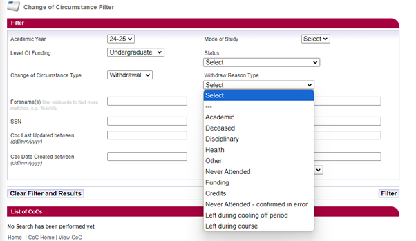 Change of Circumstance filter withdraw reason type