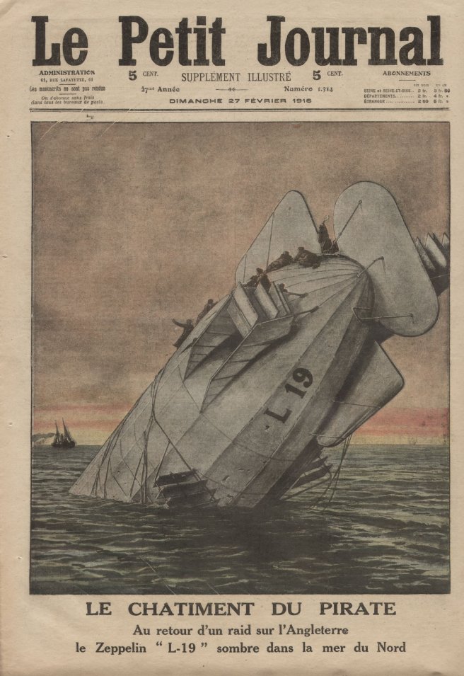 Front cover of French newspaper, with colour pen and ink illustration depicting an airship upended into the sea against a sunrise.