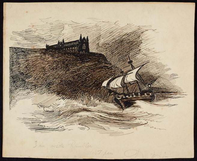 Pen and ink drawing of ship with sails flying in billowing waves under the drak promontory with the Abbey drawn in black.