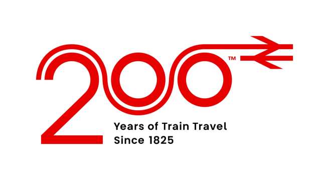 Logo celebrating 200 years of train travel since 1825, featuring a stylised number '200' in red with the zeros reminiscent of train wheels and terminating in the British double-arrow train logo