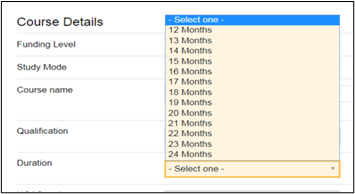 This image shows the Duration dropdown on the Course Details screen.