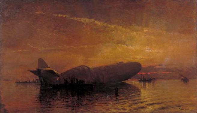 Oil painting of the hulked Zeppelin against a red and orange sky reflected in the sea with the black hulks of vessels in attendance.