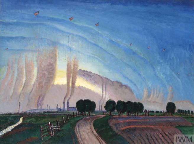 Blue sky dominates the upper two-thirds of this painting, with small barrage balloons dotted high up in the sky. Below them are plumes of smoke from the factories hidden in the background. In the foreground a flat green agricultural landscape with trees.