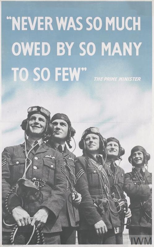 Text: 'Never was so much owed by so many to so few' at top of image over a group portrait of five airmen