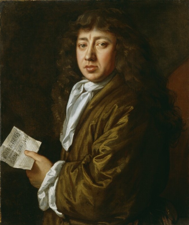 Potrait of man facing to the left, face towards viewer, wearing a white cravat and brown jacket with white sleeve poking through, and a letter in his left hand towards bottom left of image, against a dark background.
