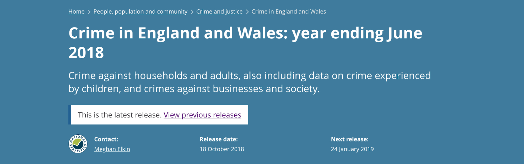 alternative design of the header of a bulletin page on the ONS website. The main background colour is blue. A small white box underneath the page summary text reads “this is the latest release”