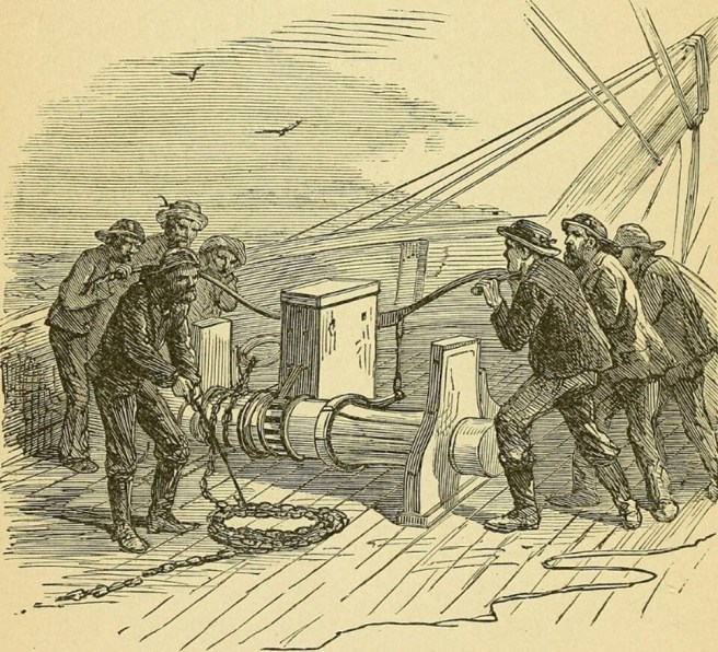 Sepia pen and ink drawing of seven men pulling on a windlass aboard ship: six men, three on either side, operate the windlass, while the 7th man in left foreground pays out the chain. The image is canted at an angle to right, suggesting the movement of a ship at sea, while seagulls fly in the sky. 