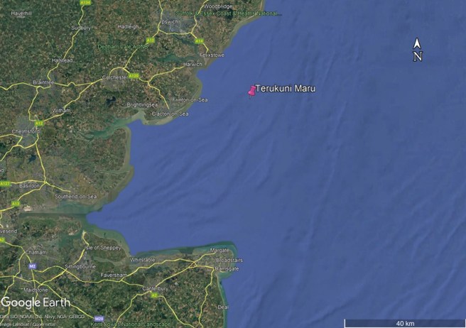 Map showing the location of the Terukuni Maru near the east coast of England, Frinton to the west, the approaches to the Thames to the south-west, and Margate almost due south.