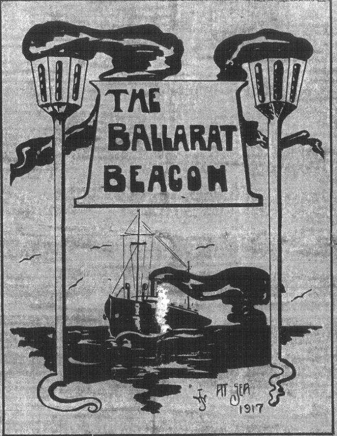 Hand-drawn black and white magazine cover depicting the Ballarat steamship at sea, flanked by two beacons, and a cartouche in contemporary lettering with the title 'The Ballarat Beacon'